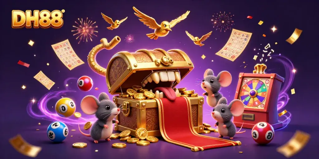 Experience riches at DH88 with vibrant lottery balls and golden prizes raining down in a casino-themed wonderland.