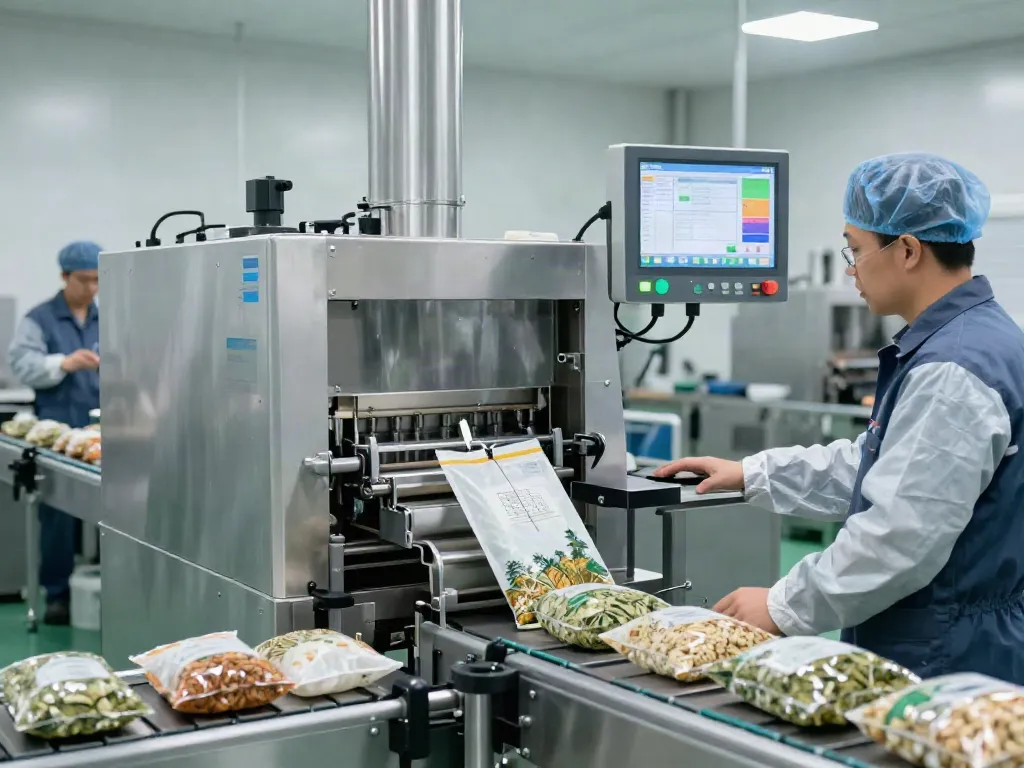 Open mouth bag filling machine in operation within a modern industrial packaging facility, showcasing efficiency and technology.