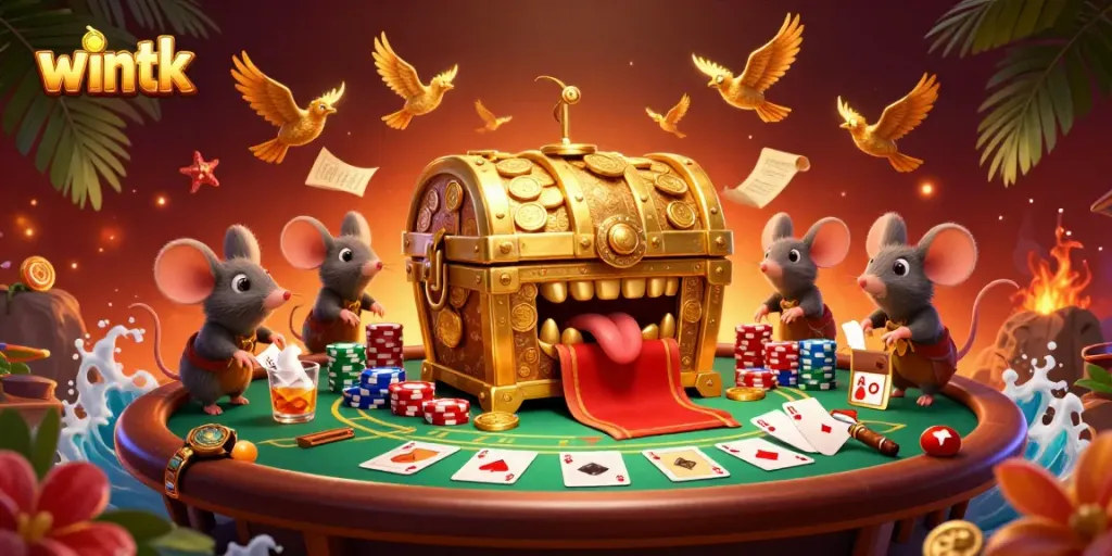 Engaging scene with adventurer mice drawn to a treasure chest in the vibrant wintk casino environment.