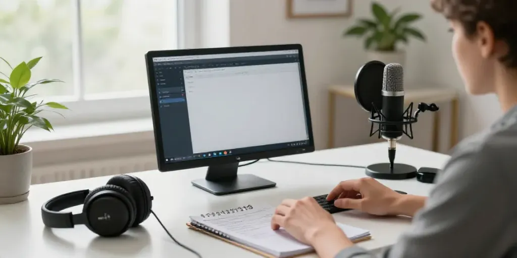 Focused individual transcribing audio using AI audio transcription software in a stylish home office.