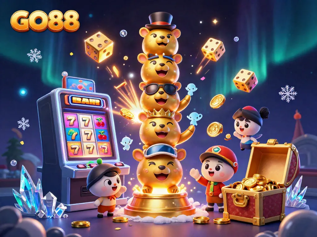 Experience the vibrant world of GO88 with its dynamic slot machine and colorful characters in a rich 3D illustration.