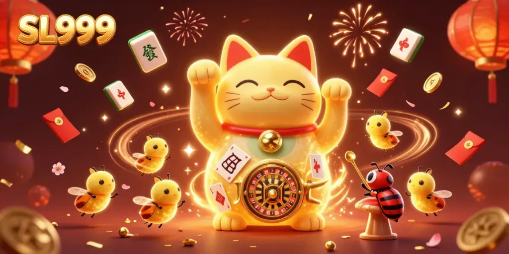 Engage with thrilling casino games featuring SL999's captivating lucky cat and vibrant symbols.