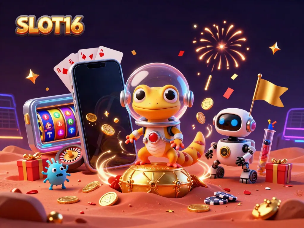 SLOT16 Martian gecko explores a golden casino with dynamic game elements around it in a colorful 3D scene.