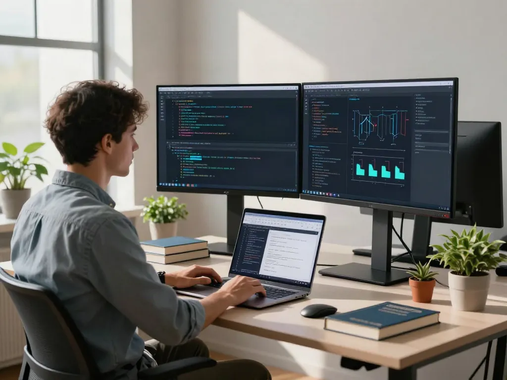 v2rayN官网 development workspace with a programmer coding on dual monitors in a modern office setting.