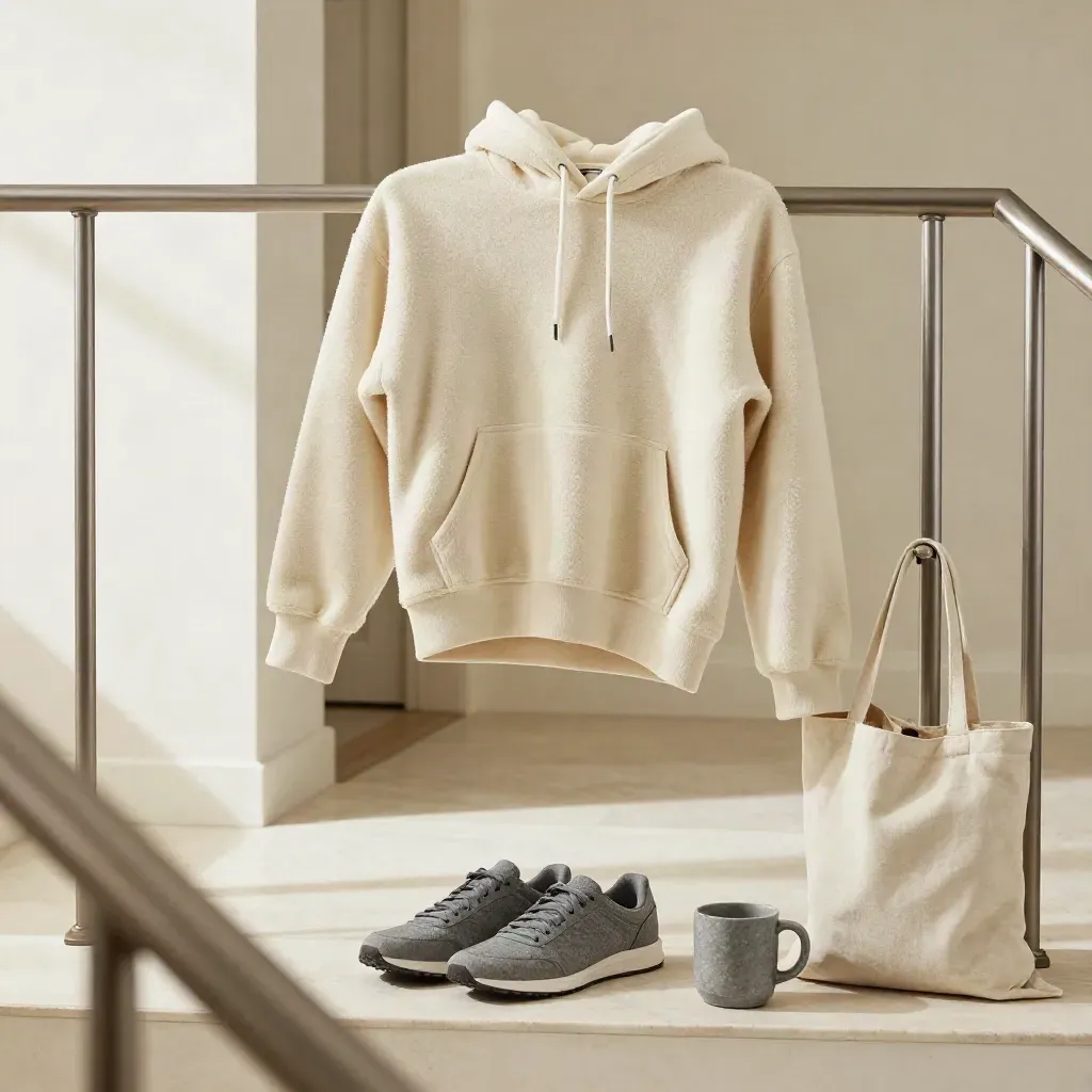 Cream fleece hoodie swinging over a stair rail with sneakers, tote, and stone mug on a limestone landing.