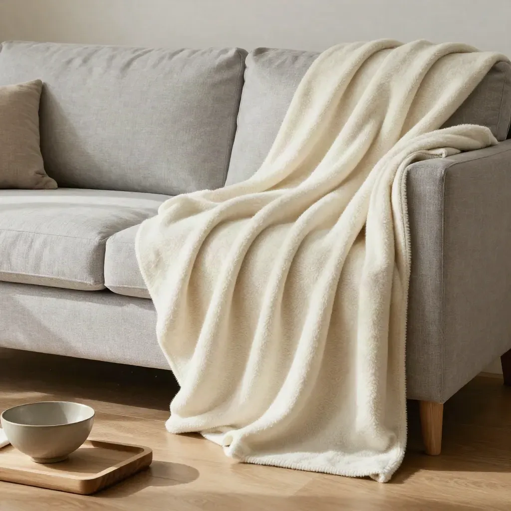 Ivory throw blanket on a linen sofa with bowl, folded cloth, and cedar tray in soft daylight.