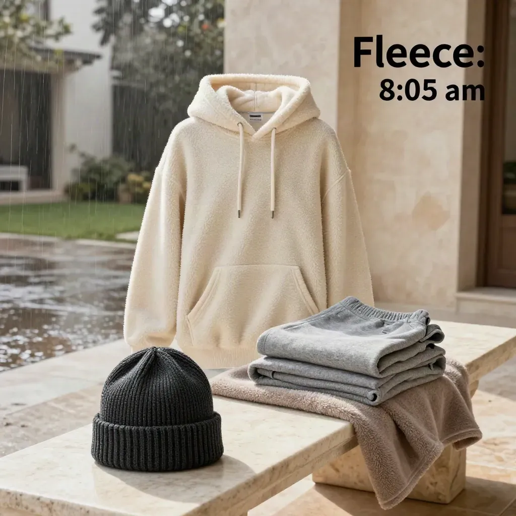 Ivory fleece hoodie, taupe throw, charcoal beanie and lounge set on a rain-dark stone bench.