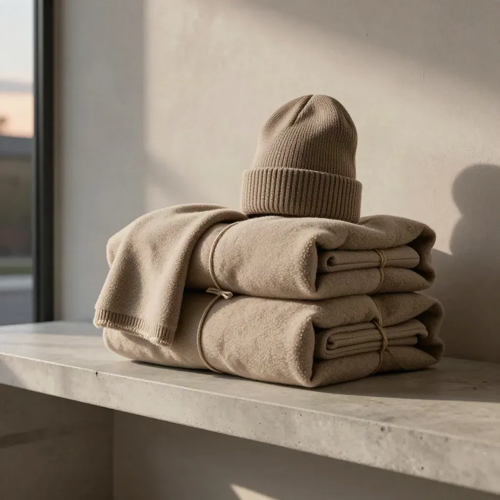 Taupe fleece gift bundles stacked on a concrete console in a dusky entry hall.