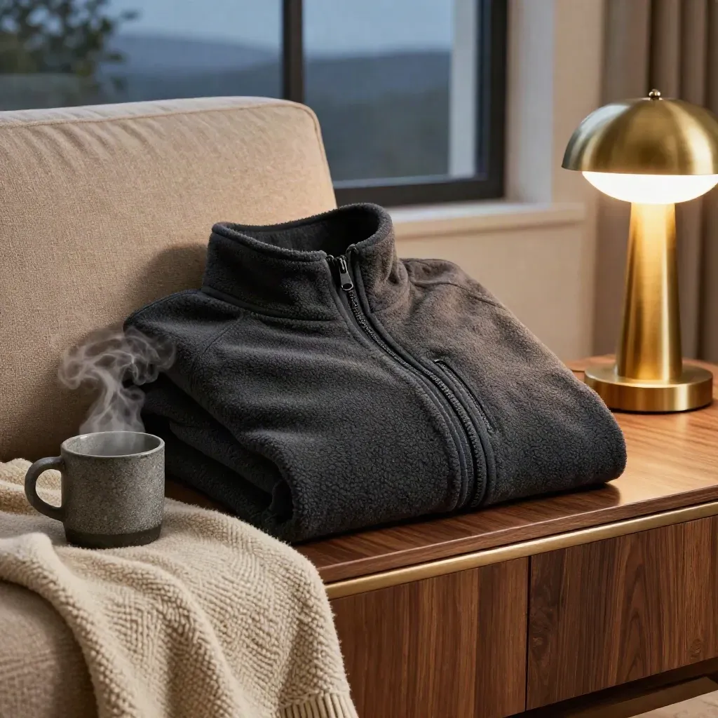 Fleece zip jacket beside a steaming mug and wool throw on a side table at blue hour.