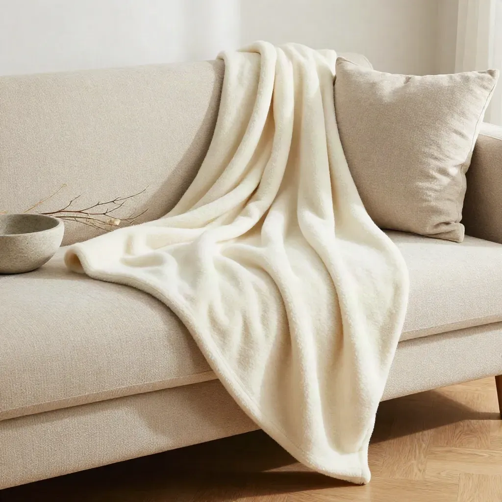 Ivory throw blanket on a boucle sofa arm beside stone bowl, branch, and cushion.