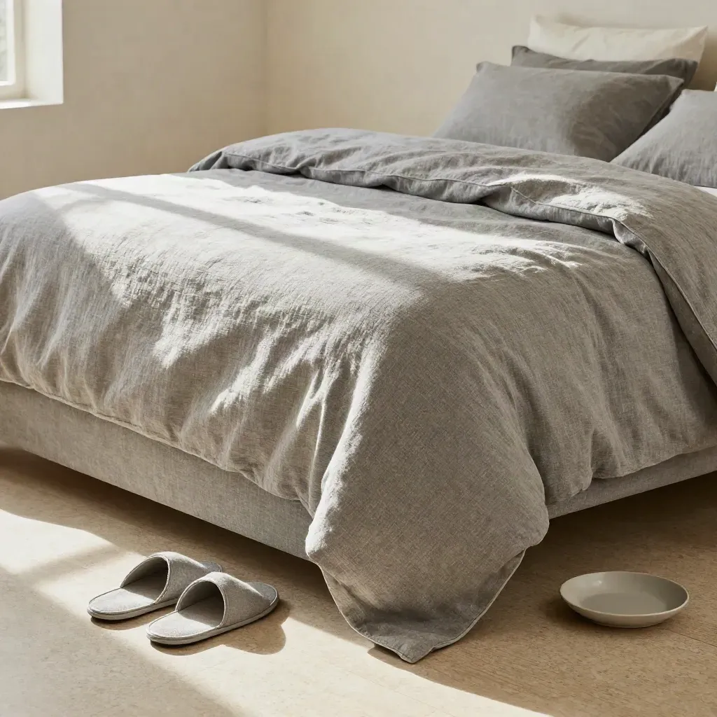 Heather gray lounge set on a rumpled duvet with slippers and a ceramic dish in late-afternoon light.
