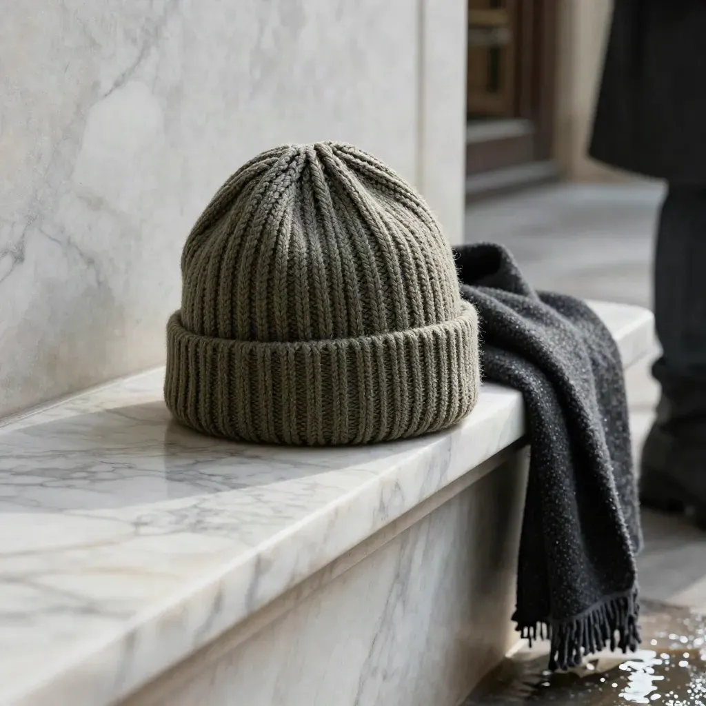 Stone beanie on marble ledge with coat collar, scarf edge, and wet boots in a misty entryway.