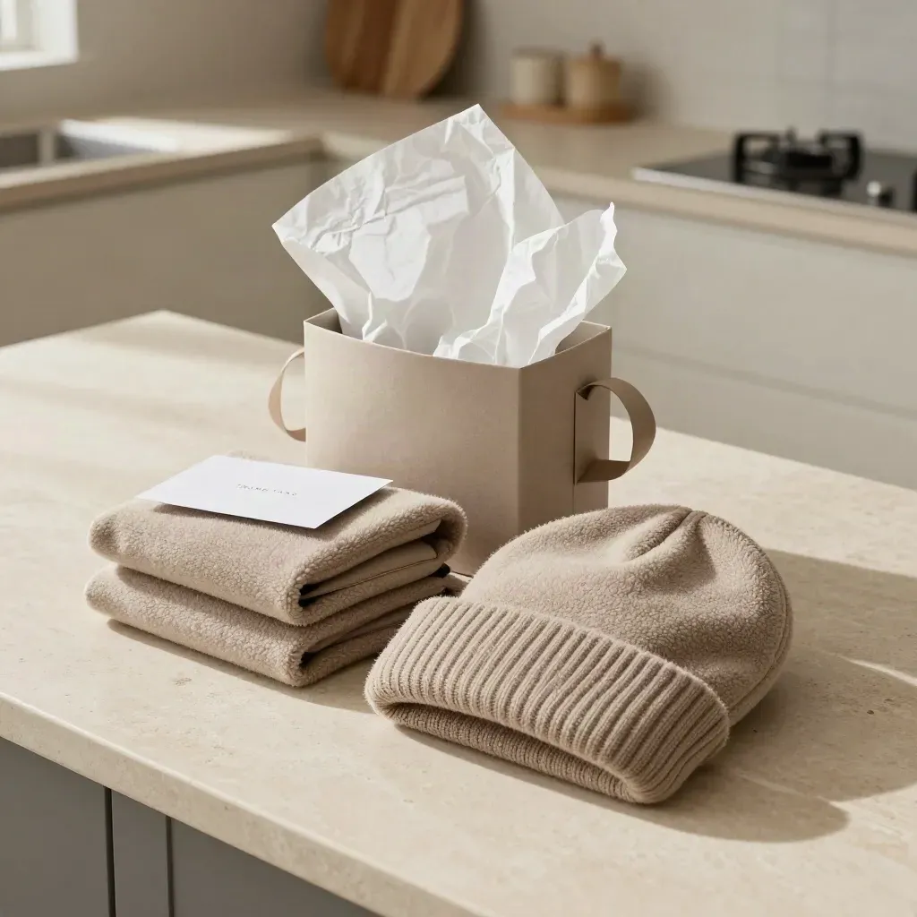 Open taupe fleece gift bundle on a stone kitchen island, tissue lifting, hoodie and beanie inside.