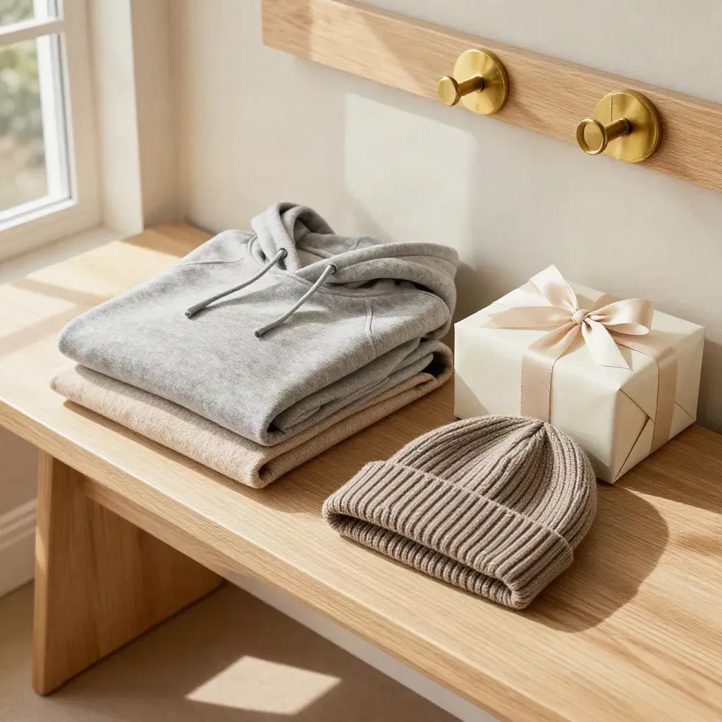 Fleece hoodie, throw, beanie and gift box staged on an entry bench in warm window light