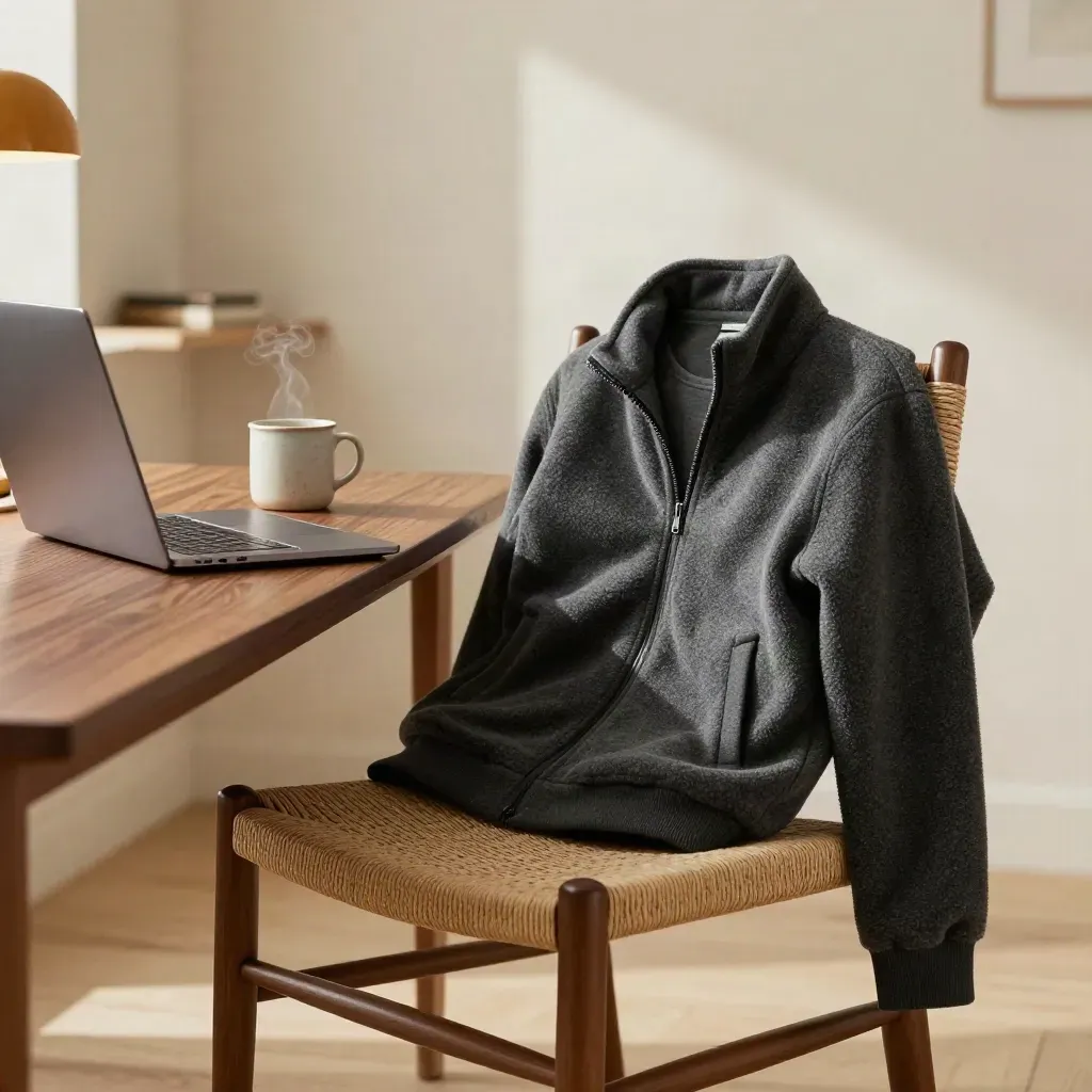 Charcoal fleece jacket on a chair beside a closed laptop and steaming mug in a cozy home office.