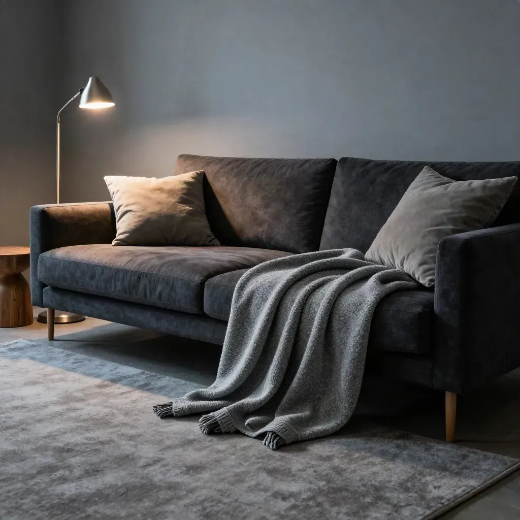 Blue-hour living room with a heather gray fleece throw and lounge set on a sofa by a glowing floor lamp.