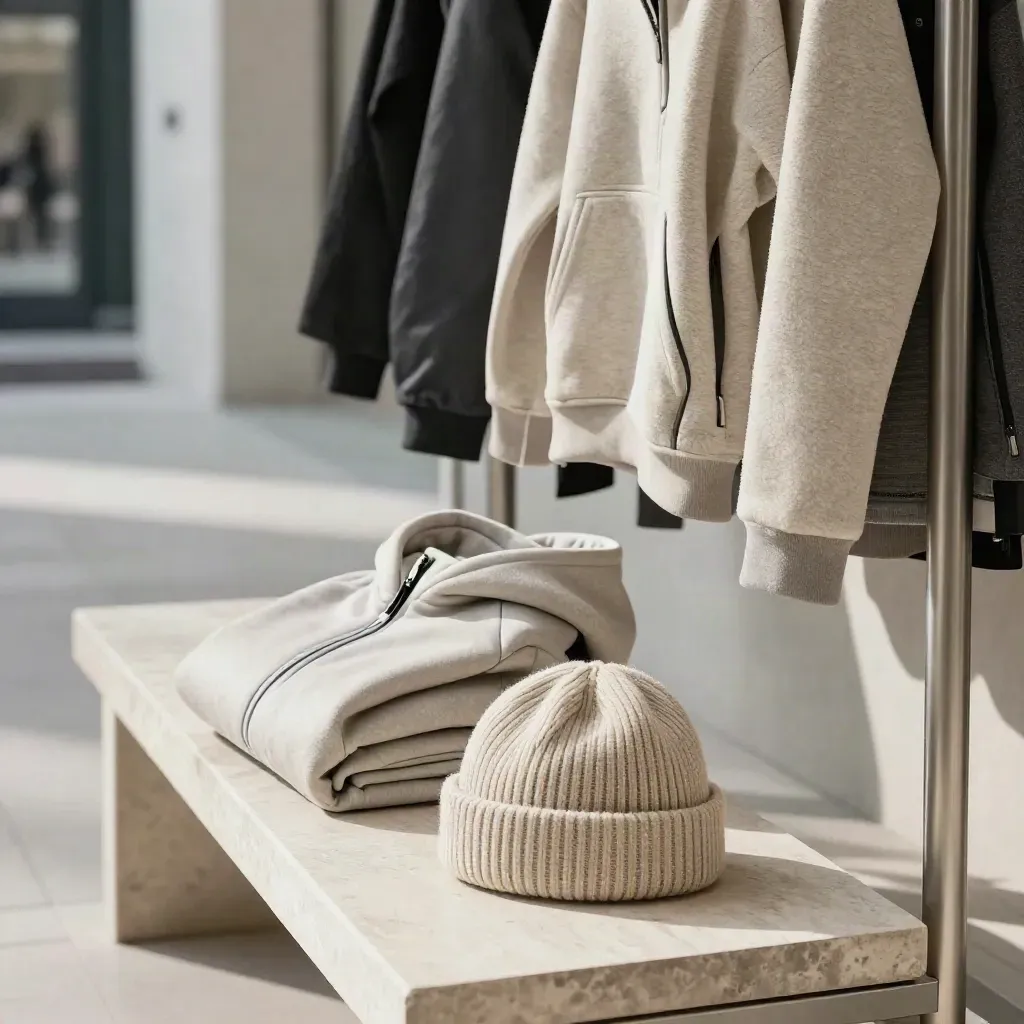 Fleece hoodie, zip layer, and beanie arranged on a stone bench by a coat rack.