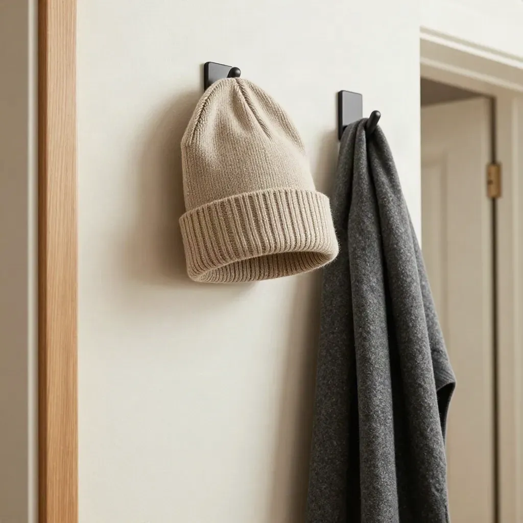 Stone beanie, hoodie collar, and charcoal scarf on a hallway hook in soft daylight.
