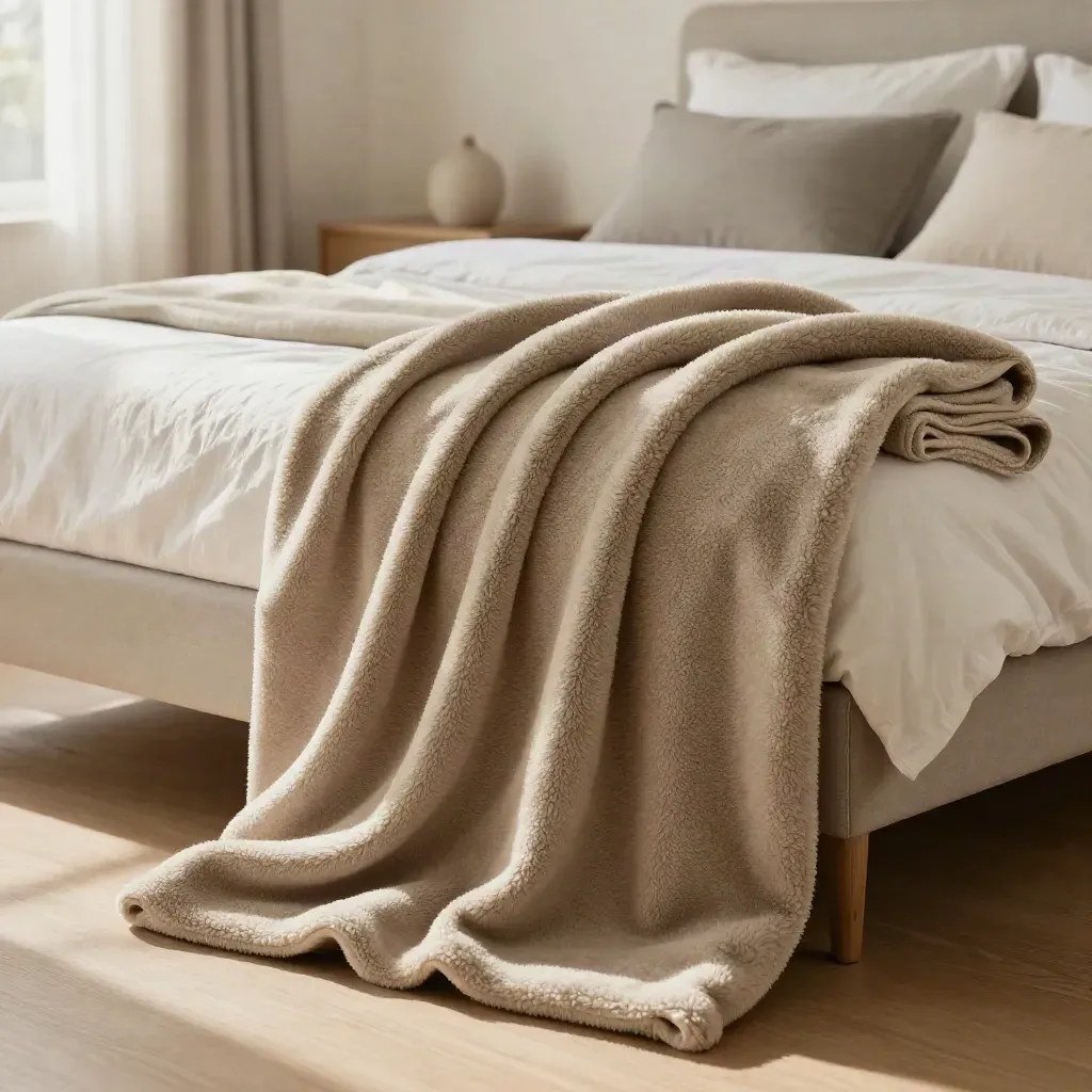 Extra-large fleece throw draped from sofa to bed with a folded size reference.