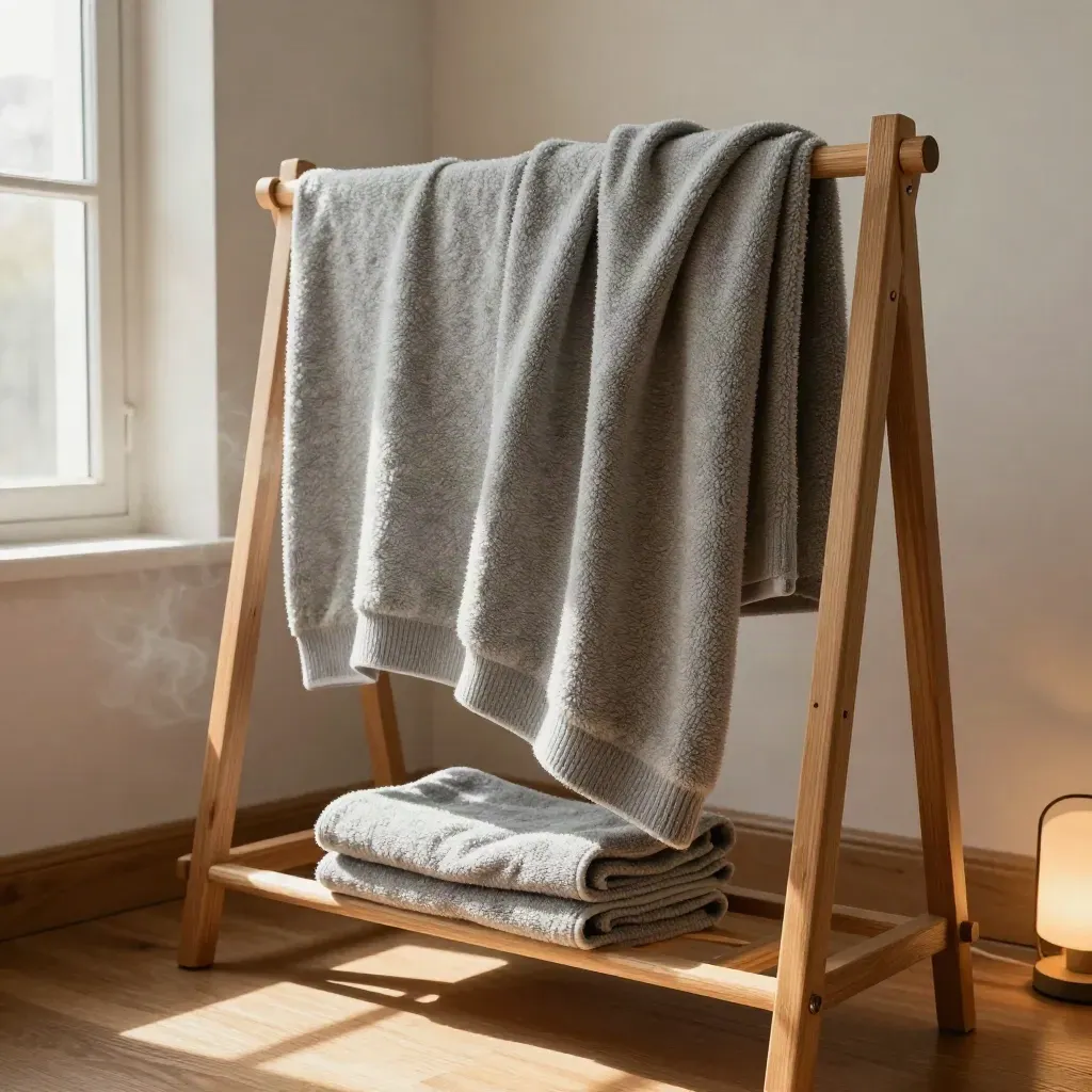 Fleece hoodie and throw drying on a wooden rack with cedar blocks in warm afternoon light.
