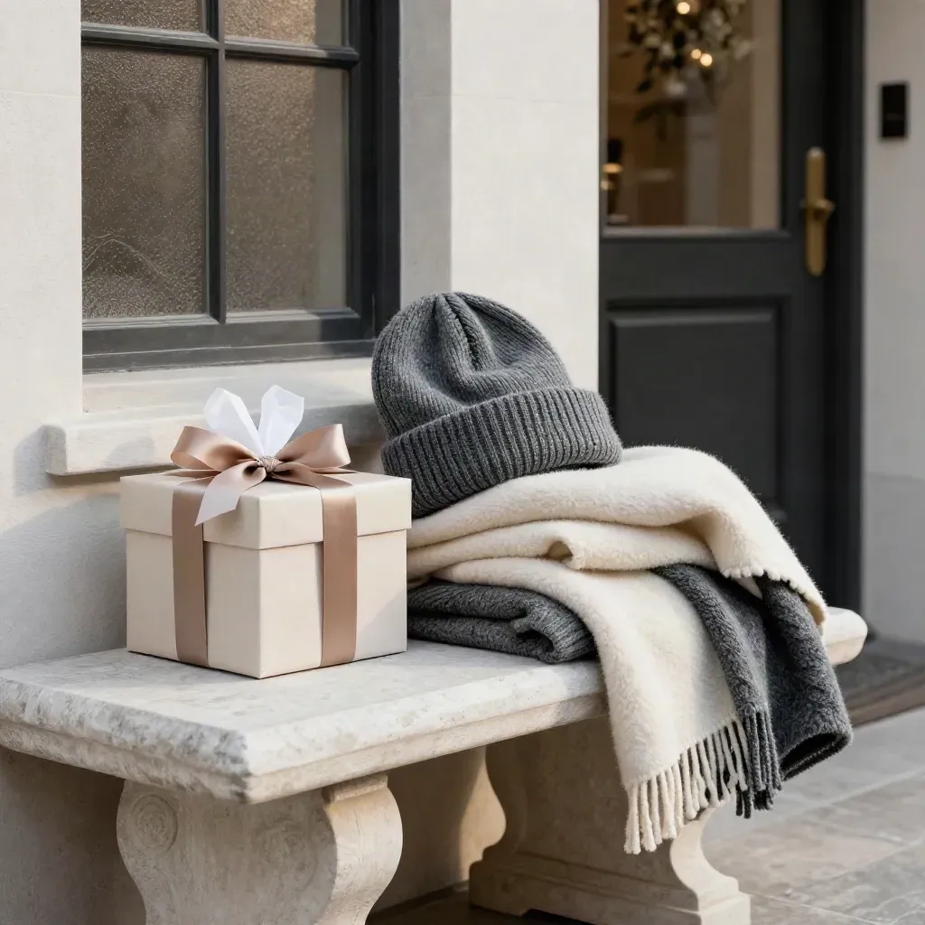 Winter gift sets stacked on a stone entry bench in dramatic evening light.
