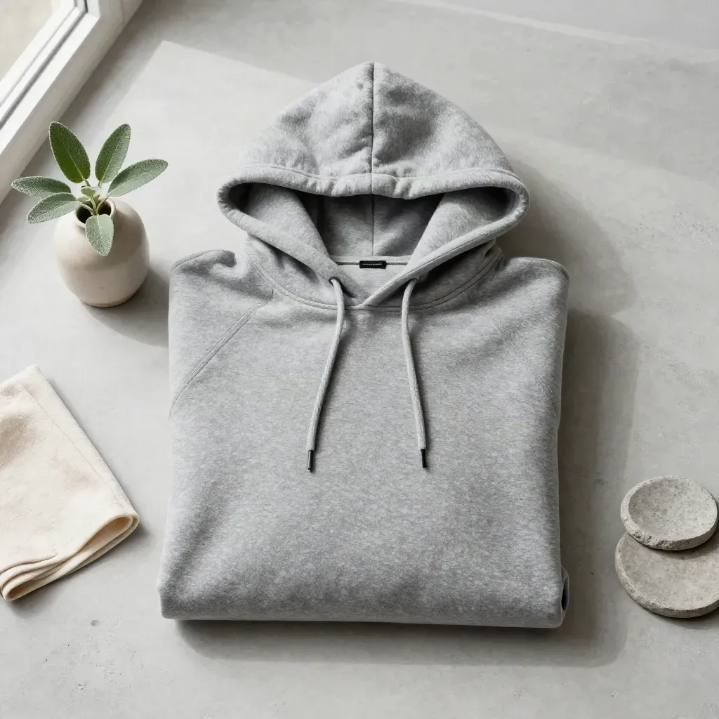 Overhead fleece hoodie flatlay with plant, cloth, and ceramic dish on pale concrete.