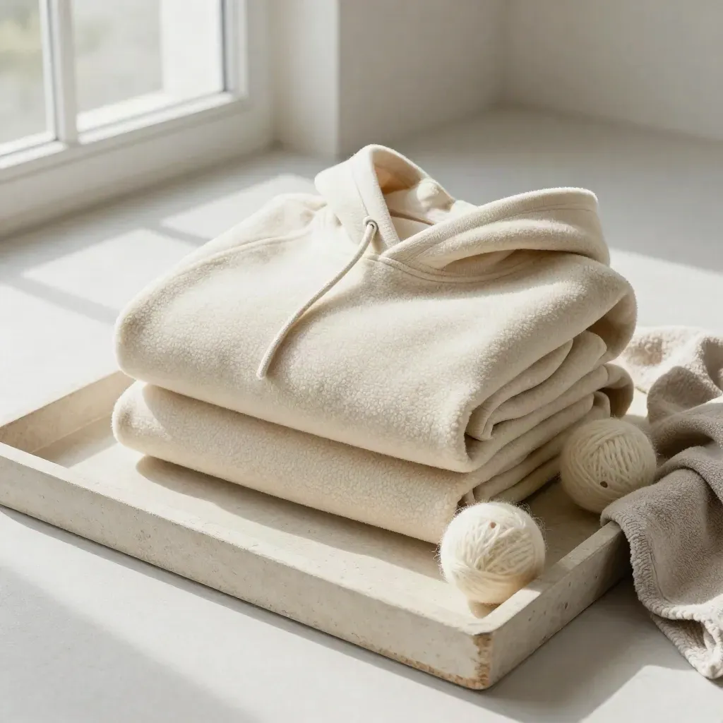Fleece hoodie, wool dryer balls, and linen towel on a pale stone tray in soft daylight.