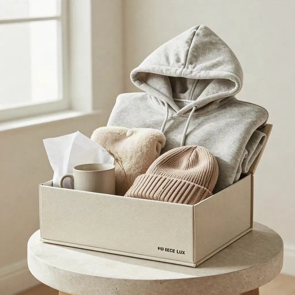 Open fleece gift box with hoodie, throw, beanie, mug, and dried stem on a plaster side table.