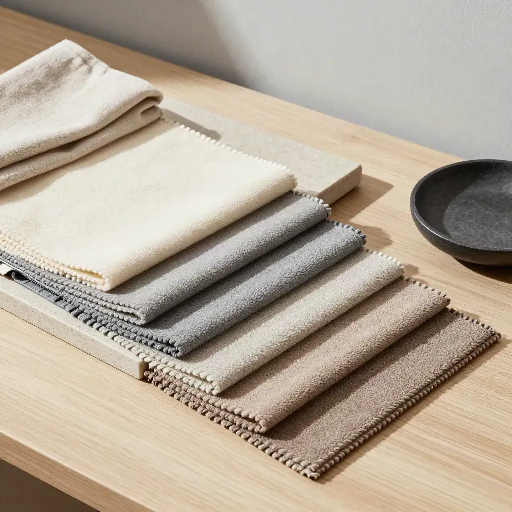 Top-down fleece swatches in ivory, gray, and taupe on wood with linen and a stone tray.