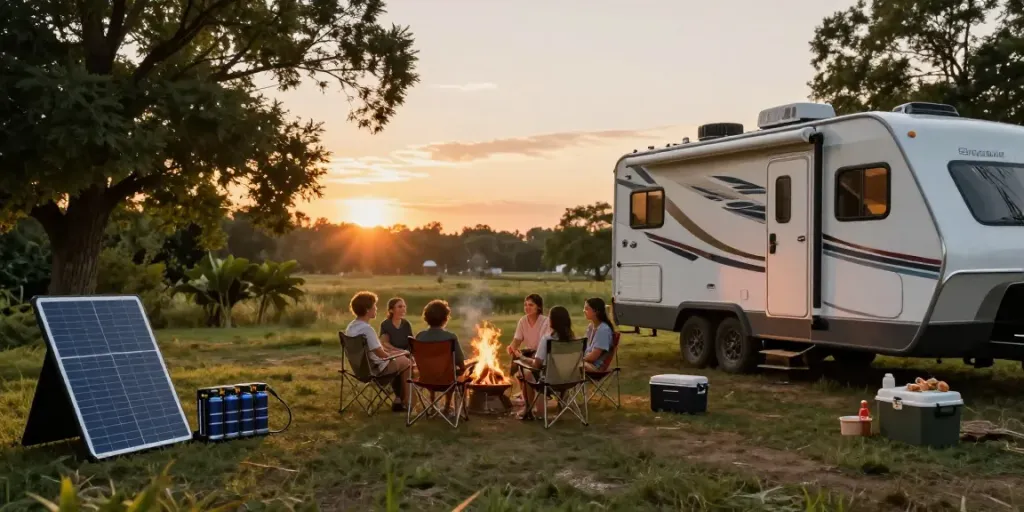 Family enjoying camping at sunset with lithium battery for rv powering their RV.
