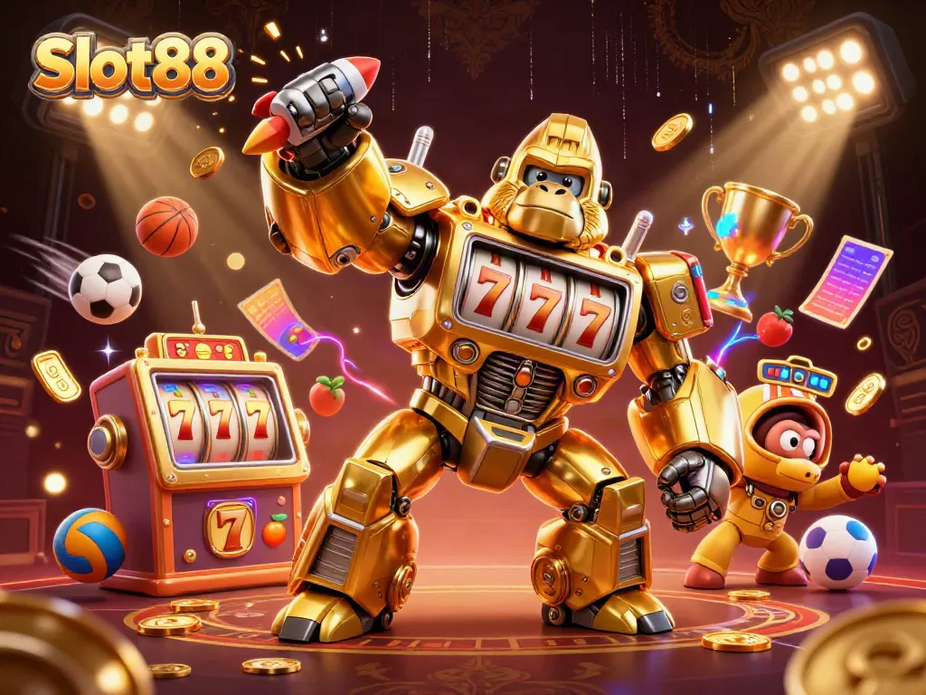 Experience the excitement of Slot88 with a dynamic 3D illustration of a golden gorilla mech and spinning reel elements.