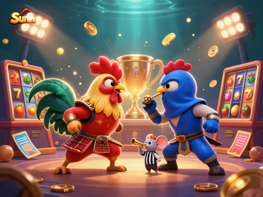 Engage with thrilling Sunwin gaming action featuring roosters vs. slot machines in an exciting standoff.
