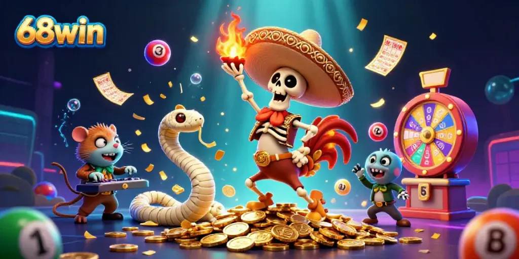 Experience thrilling gambling with 68win's vibrant characters and exciting games, showcasing dynamic play as a skeleton mariachi dances.
