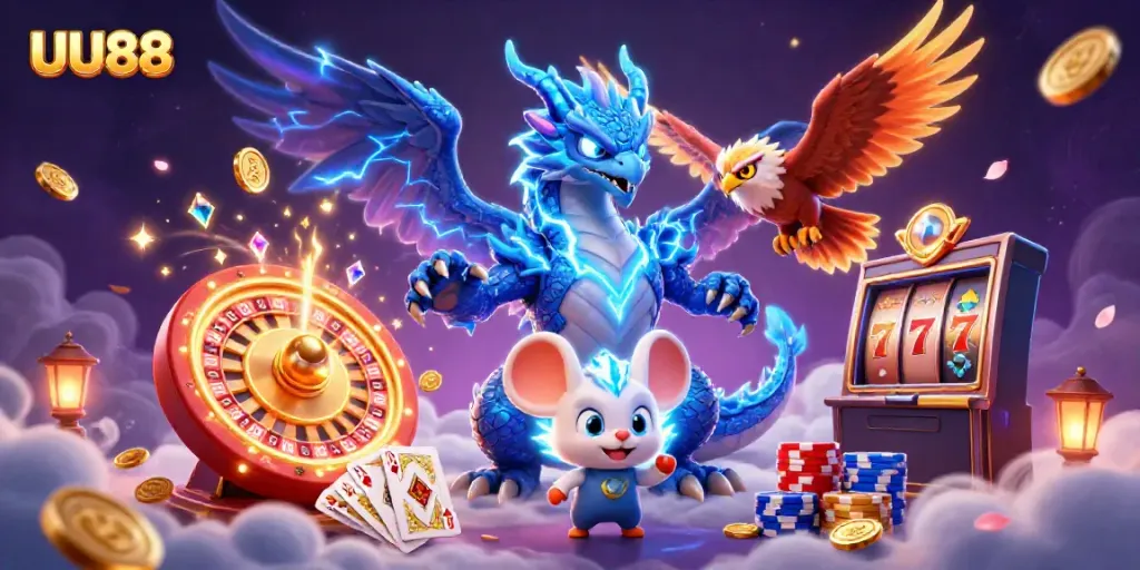 Experience the thrill of gambling with UU88 in a vibrant 3D casino scene filled with action and energy.
