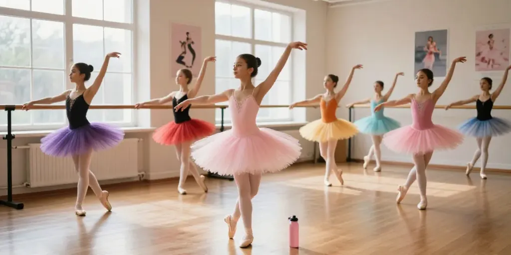 Colorful dancers in tutus practicing ballet at tutu-store.com studio with warm natural lighting.