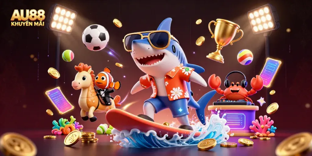 Experience the excitement of AU88 KHUYẾN MÃI with this vibrant casino-themed illustration.