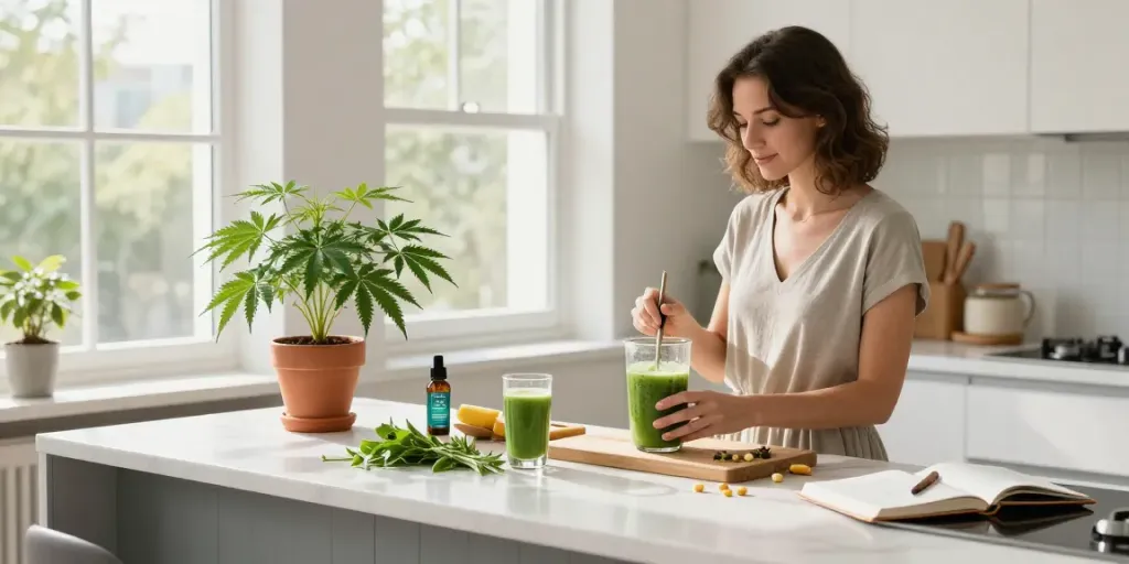 sg lana vape bottle beside fresh ingredients in a vibrant kitchen wellness scene.