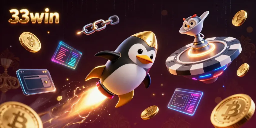 Engage in thrilling online gaming adventures with 33win featuring a golden penguin and crypto elements.
