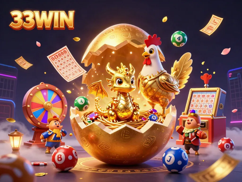 Experience thrilling wins at 33WIN with a magical golden dragon and vibrant lottery elements.
