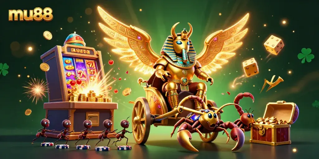 Experience the excitement of mu88 casino with golden beetles, scorpions, and a jackpot explosion.