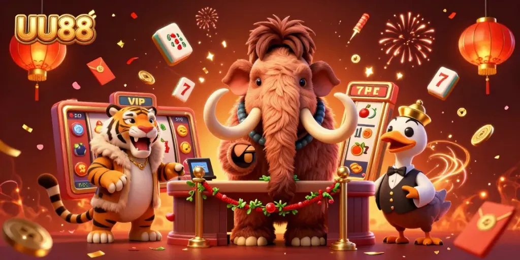 Engage with the lively UU88 casino scene featuring a woolly mammoth bouncer, saber-tooth tiger VIP, and festive gaming elements.