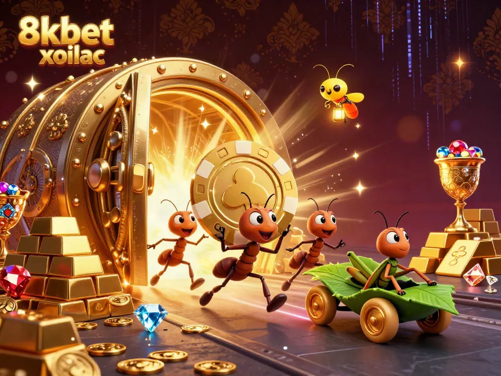 Experience the excitement of winning at 8xbet xoilac with animated 3D characters and golden treasures.