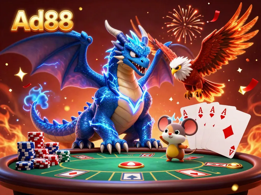 Experience thrilling gaming action with Ad88 as lightning dragon, hawk, and mascot celebrate wins at vibrant poker tables.