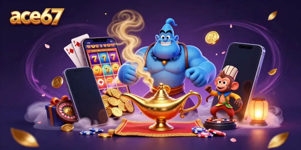 Experience thrilling gameplay with ace67, featuring a vibrant genie, magic carpet, and engaging slots.