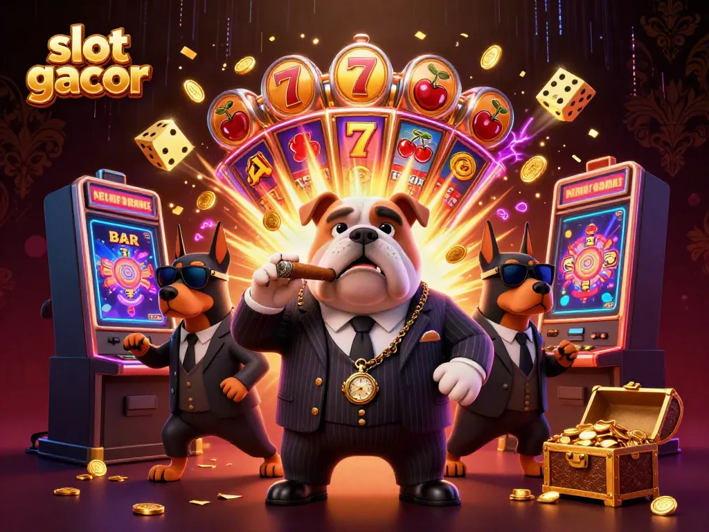 Experience slot gacor with a dynamic 3D mafia scene featuring symbols, jackpots, and colorful casino elements.