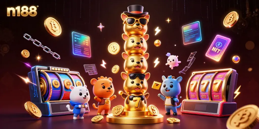 Experience the thrilling n188 casino action with a vibrant totem pole, slot reels, and crypto elements.