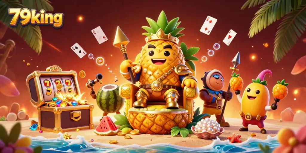 Experience the vibrant world of 79king with a tropical casino scene showcasing exciting game elements.