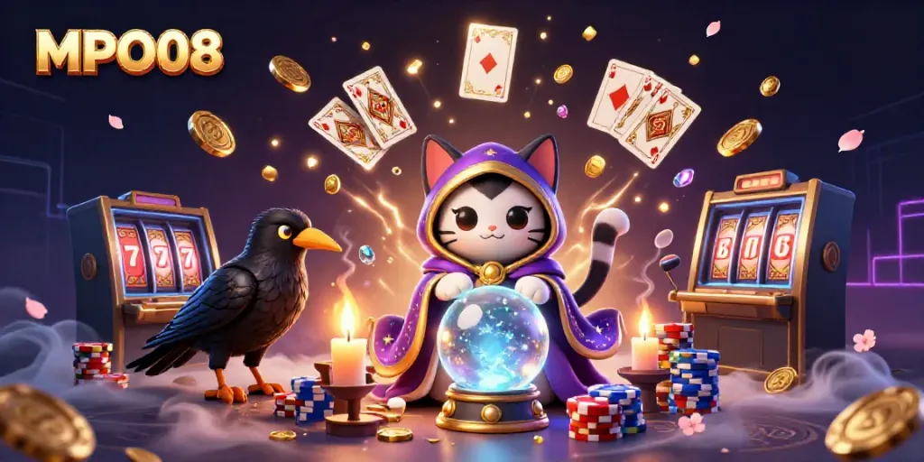 Win big with MPO08's vibrant fortune teller scene filled with colorful casino elements.