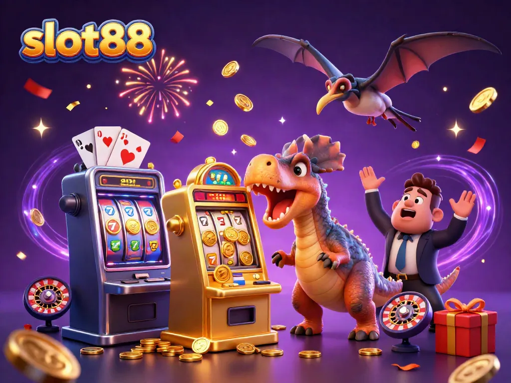 Experience excitement with slot88 as a pachycephalosaurus wins jackpots from a golden slot machine.