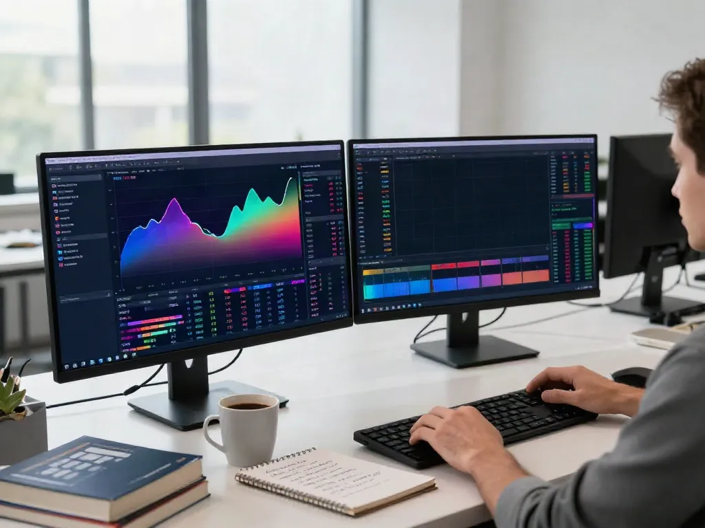 TradingView interface showing live market data on dual monitors in a modern trader's workspace.